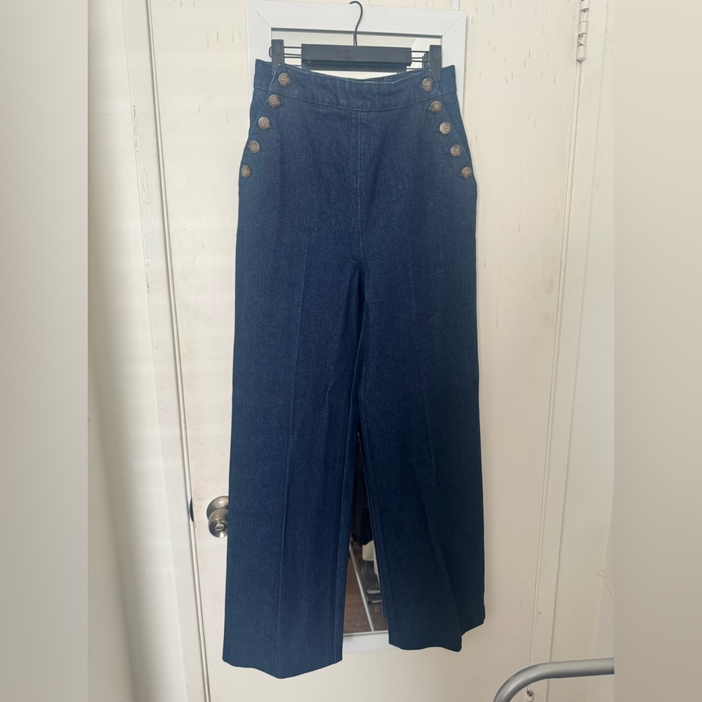 Hemmed for petites! Sezane Navy Wide-Leg Sailor Jeans with Button Detail
